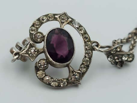 Antique Sterling Silver Pendant (925) with Crystals on Belcher Chain - 19th Century, England