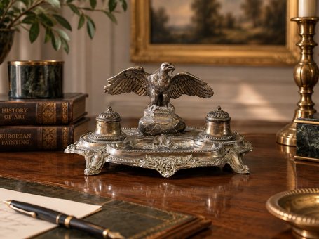 Pre-War Metal Inkwell with Bird Figurine