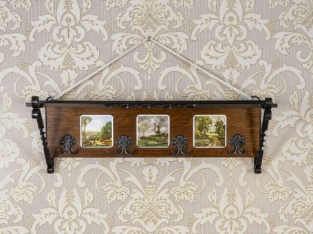 Dutch Oak Wall Coat Rack with Decorative Tiles