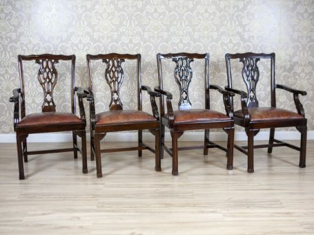 Four Walnut Chairs with Leather Upholstery
