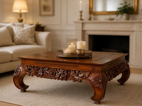 Mid-20th Century Richly Decorated Oak Coffee Table with Carved Details Under the Tabletop