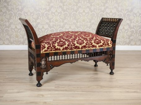 Antique 19th-Century Bench Made of Exotic Wood, Upholstered