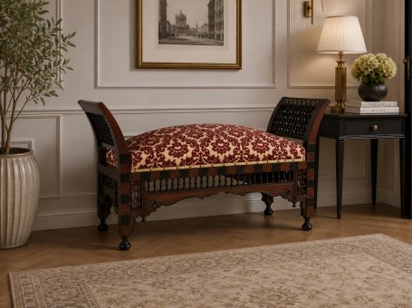 Antique 19th-Century Bench Made of Exotic Wood, Upholstered