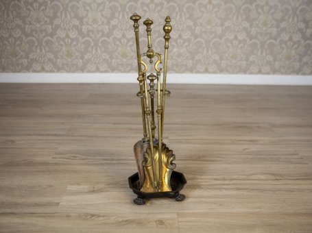 20th-Century Set of Brass Fireplace Accessories on a Stand