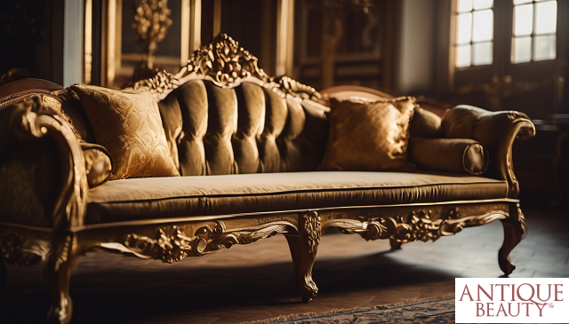 beżowa sofa w stylu rokoko ze złotymi zdobieniami